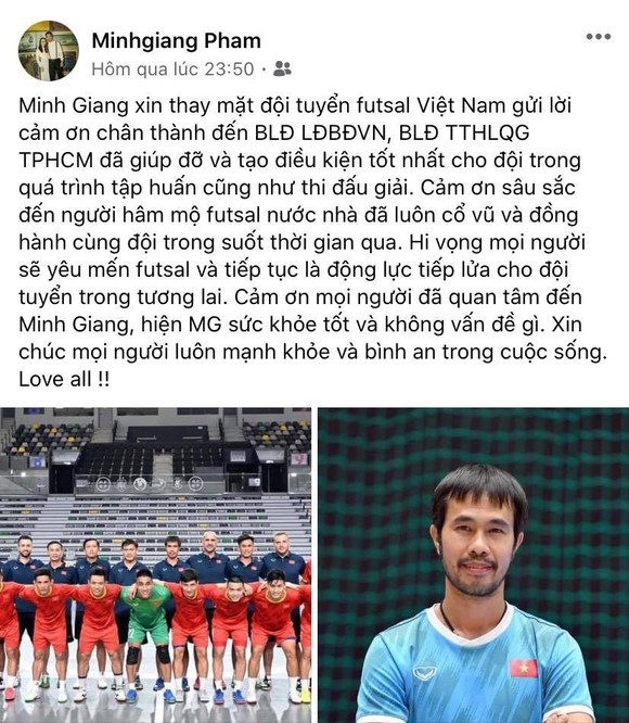 Các tuyển thủ futsal Việt Nam đồng loạt gửi lời cảm ơn đến người hâm mộ ảnh 1