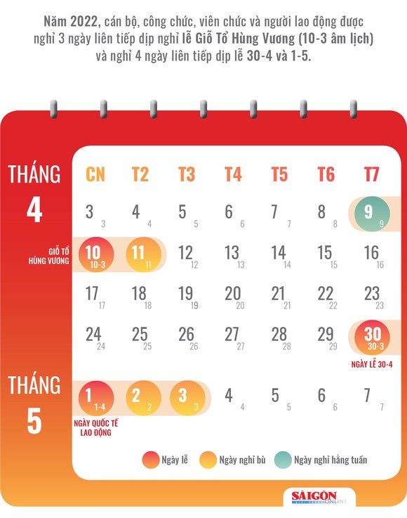 Lịch nghỉ lễ Giỗ Tổ Hùng Vương, ngày 30-4 và 1-5-2022 ảnh 1