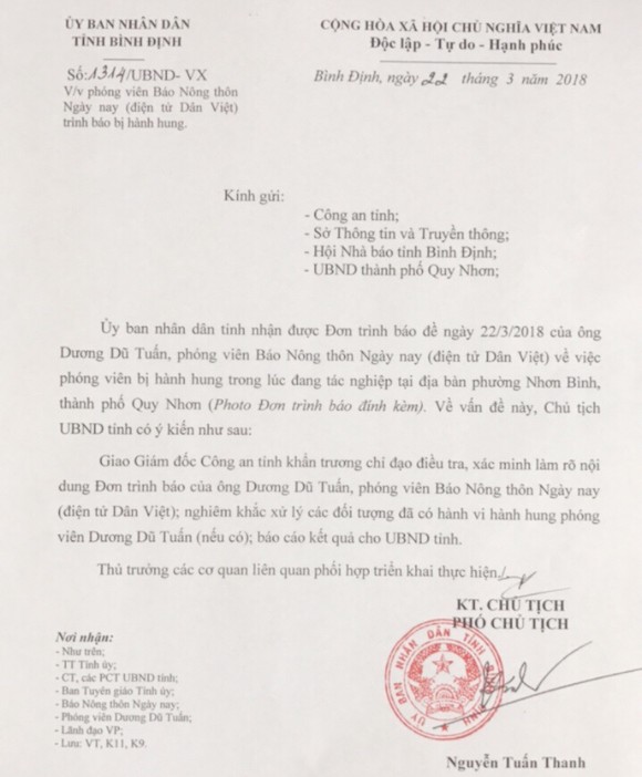 Điều tra, làm rõ việc PV Dương Dũ Tuấn bị côn đồ cầm dao dọa giết tại Bình Định ảnh 7