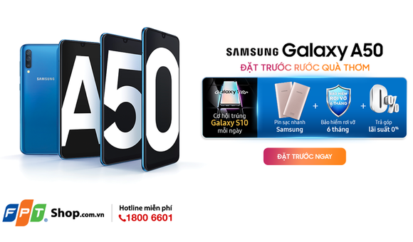 Galaxy A50 với 3 lựa chọn màu sắc: trắng, đen và xanh tại FPT Shop