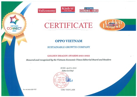 OPPO Việt Nam được vinh danh TOP 50 Doanh nghiệp tiêu biểu thúc đẩy tăng trưởng xanh và phát triển bền vững ảnh 1